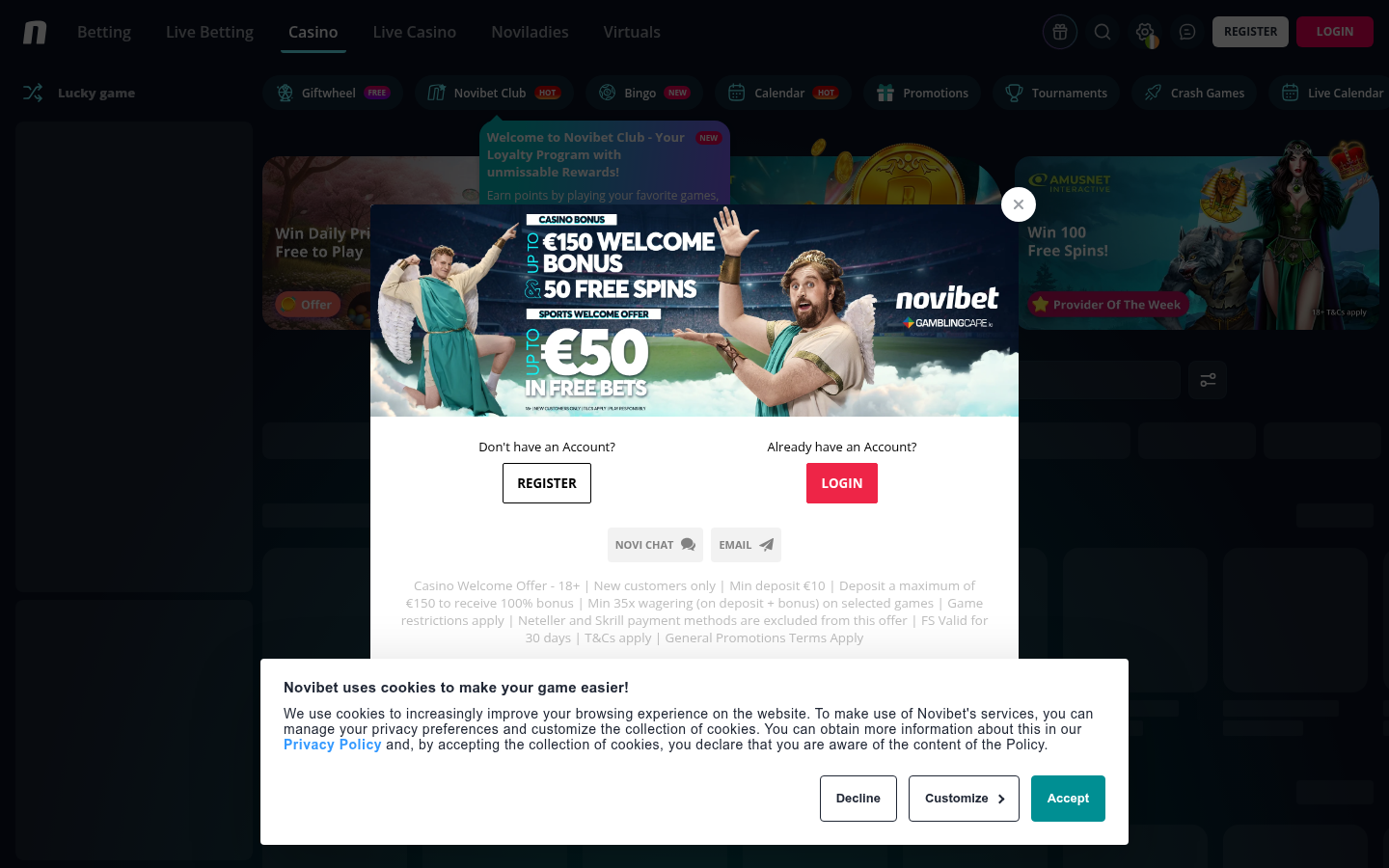 Novibet Casino Ireland mobile app and desktop homepage